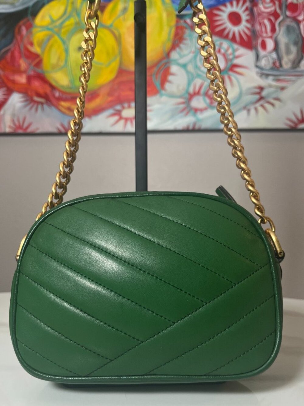Tory Burch Kira Chevron Emerald Green Camera Bag Chain Crossbody - Picture 3 of 15